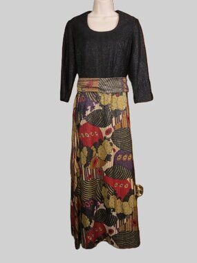 VTG 1960s Henry-Lee Maxi Dress Black/Gold & Silver Metallic/Red Lined Size 6-8